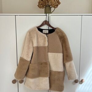 BCBGeneration Patchwork Teddy Faux Shearling Coat in Beige and Tan
